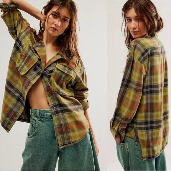 Free People Grunge 90s Flannel Plaid Izzie Cargo Shirt Jacket Shacket Medium - Picture 5 of 15